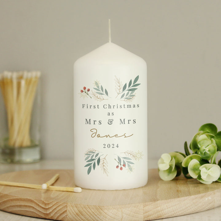 Buy Personalised Christmas Foliage Pillar Candle available now at www.giftsfinder.co.uk