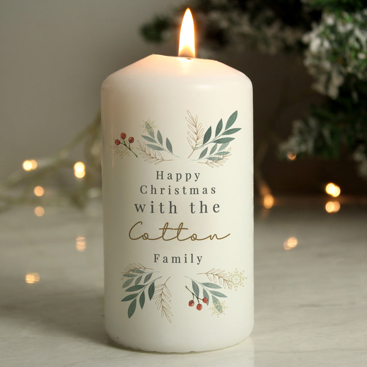 Buy Personalised Christmas Foliage Pillar Candle available now at www.giftsfinder.co.uk