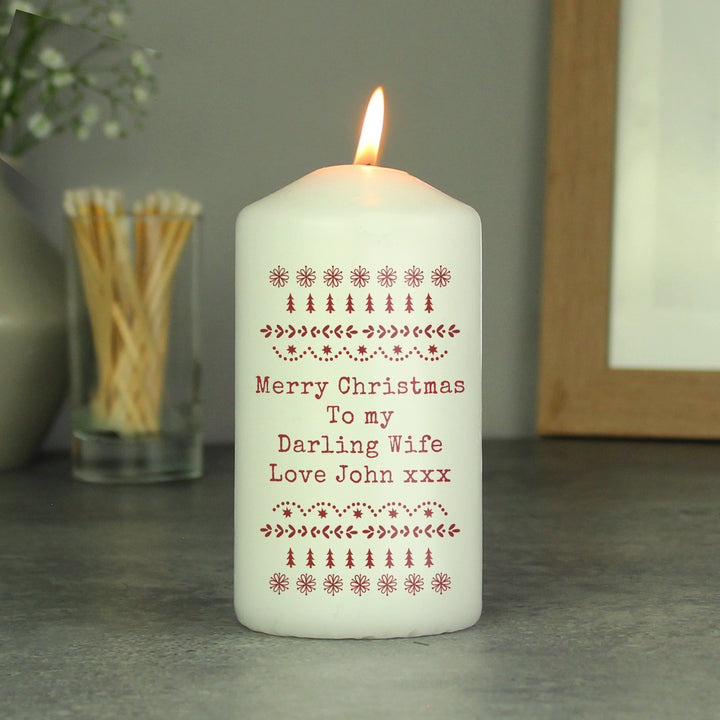 Buy Personalised Christmas Fair Isle Pillar Candle available now at www.giftsfinder.co.uk