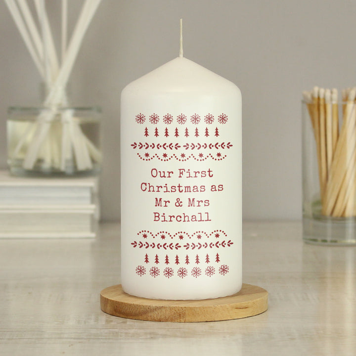 Buy Personalised Christmas Fair Isle Pillar Candle available now at www.giftsfinder.co.uk