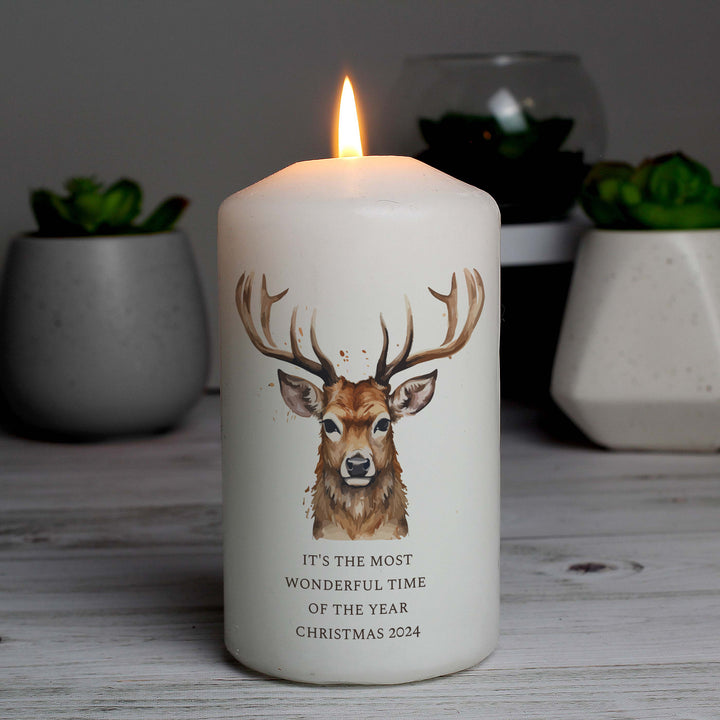 Personalised Watercolour Stag Pillar Candle