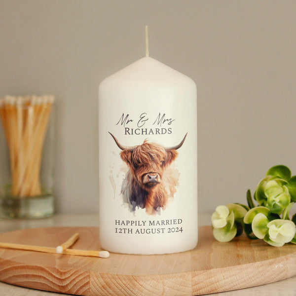 Buy Personalised Highland Cow Pillar Candle available now at www.giftsfinder.co.uk