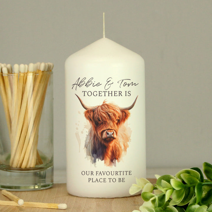 Buy Personalised Highland Cow Pillar Candle available now at www.giftsfinder.co.uk