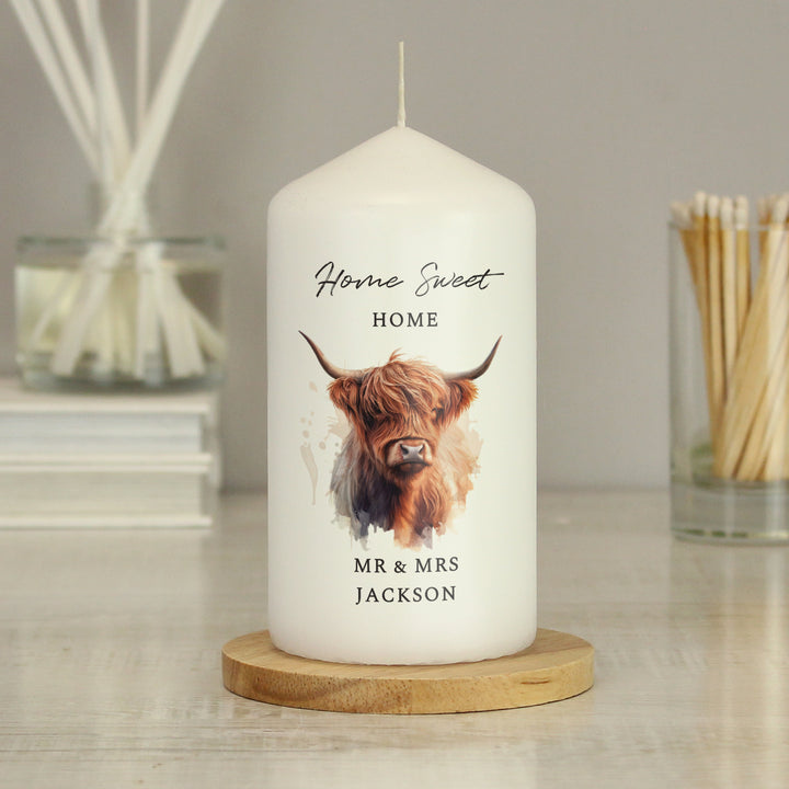 Buy Personalised Highland Cow Pillar Candle available now at www.giftsfinder.co.uk