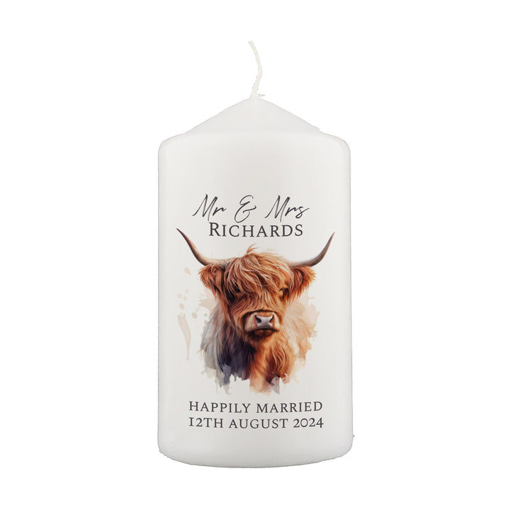 Buy Personalised Highland Cow Pillar Candle available now at www.giftsfinder.co.uk