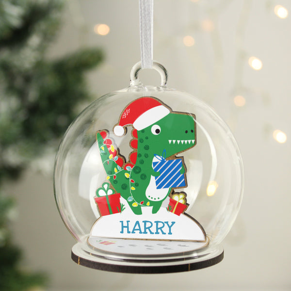 Personalised Wooden Dinosaur Glass Bauble in gift category Personalised Glass Baubles