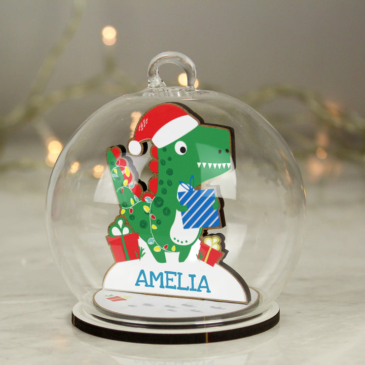 Personalised Wooden Dinosaur Glass Bauble - part of the Gifts Finder Personalised Glass Baubles collection