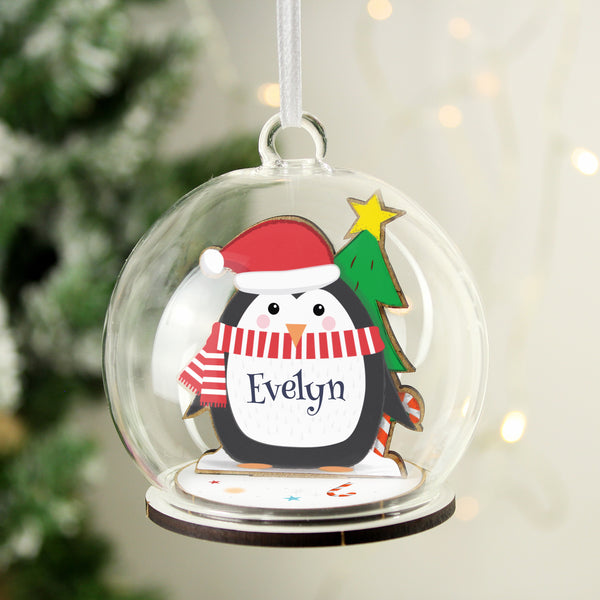 Personalised Wooden Penguin Glass Bauble in gift category Personalised Glass Baubles