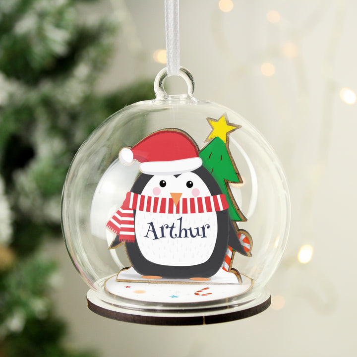 Personalised Wooden Penguin Glass Bauble in gift category Personalised Glass Baubles