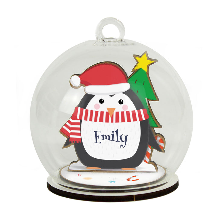 Personalised Wooden Penguin Glass Bauble in gift category Personalised Glass Baubles