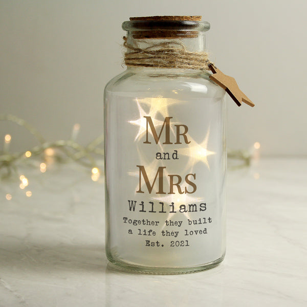 Buy Personalised Mr & Mrs LED Glass Jar available now at www.giftsfinder.co.uk