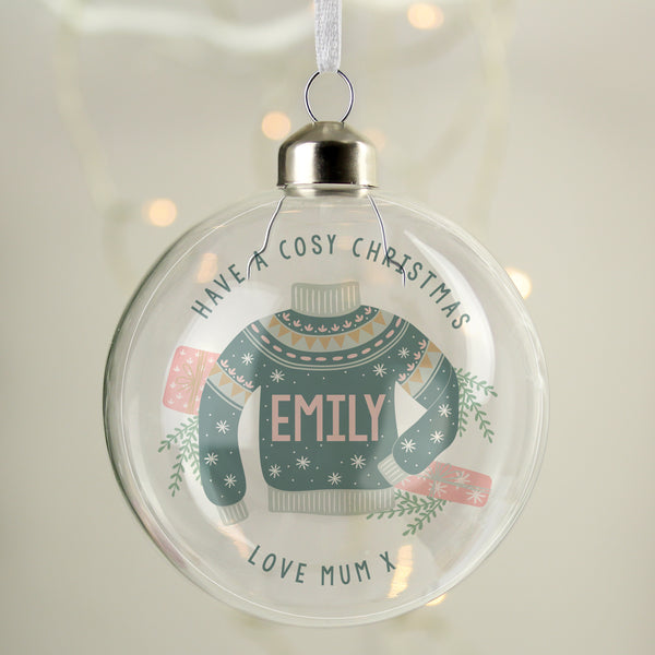 Buy Personalised Cosy Christmas Glass Bauble available now at www.giftsfinder.co.uk