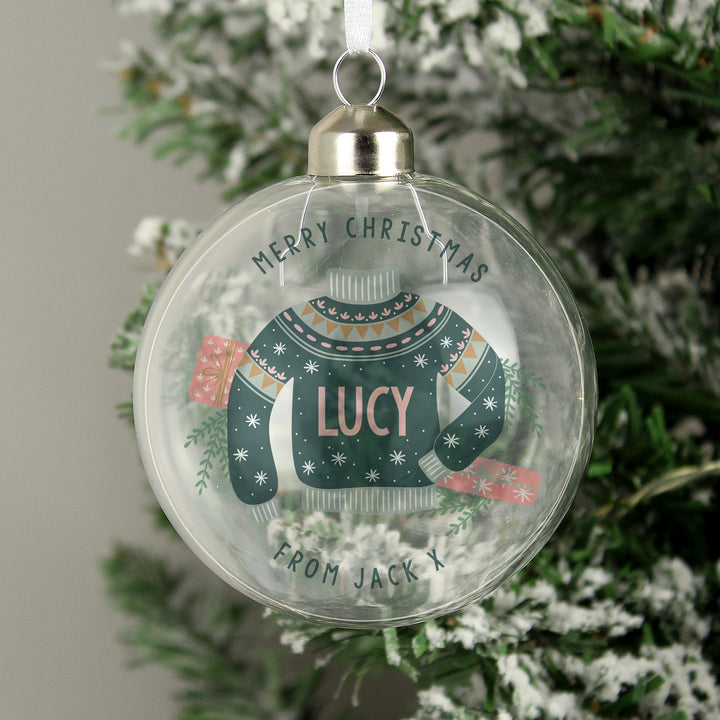 Buy Personalised Cosy Christmas Glass Bauble available now at www.giftsfinder.co.uk