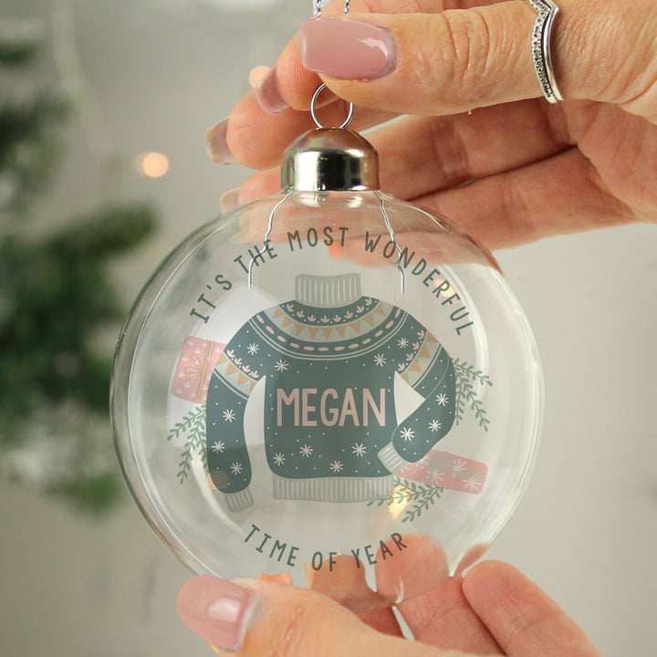 Buy Personalised Cosy Christmas Glass Bauble available now at www.giftsfinder.co.uk