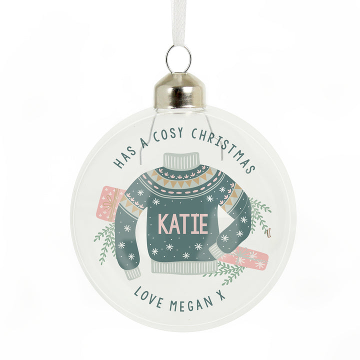 Buy Personalised Cosy Christmas Glass Bauble available now at www.giftsfinder.co.uk