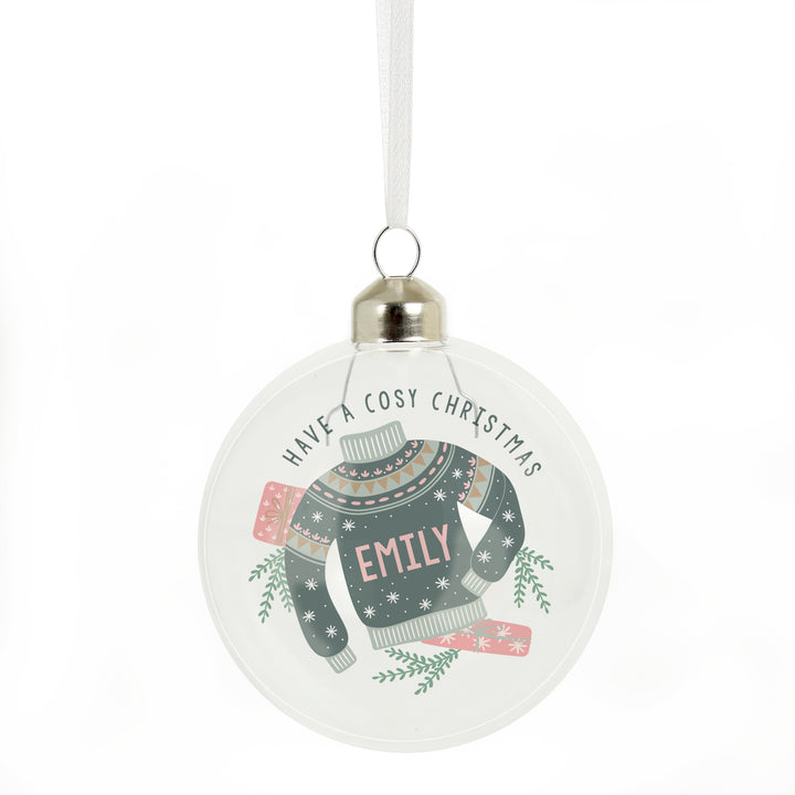 Buy Personalised Cosy Christmas Glass Bauble available now at www.giftsfinder.co.uk