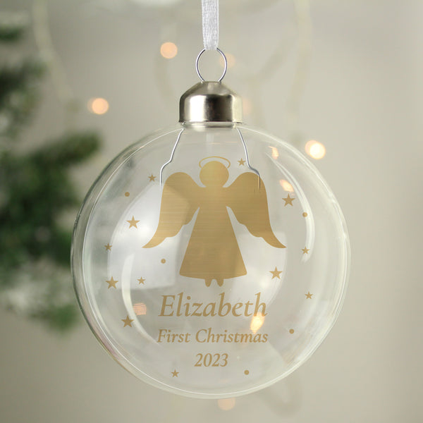 Buy Personalised Name And Message Gold Angel Christmas Tree Glass Bauble at www.giftsfinder.co.uk