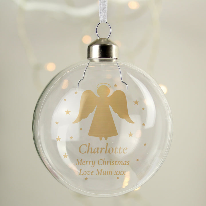 Personalised Name And Message Gold Angel Christmas Tree Glass Bauble - part of the Gifts Finder Personalised Christmas Baubles collection