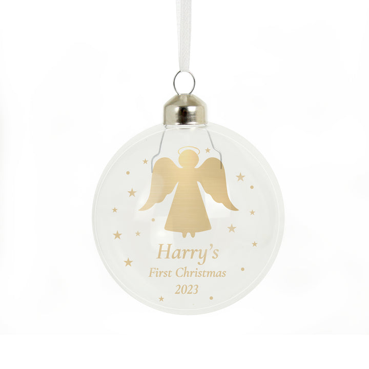 Personalised Name And Message Gold Angel Christmas Tree Glass Bauble - part of the Gifts Finder Personalised Christmas Baubles collection