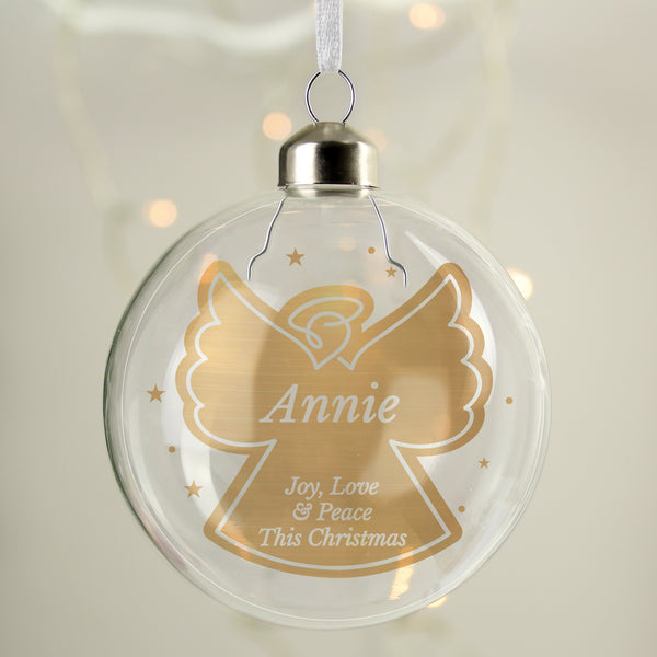 Buy Personalised Name Gold Angel Christmas Tree Glass Bauble at www.giftsfinder.co.uk