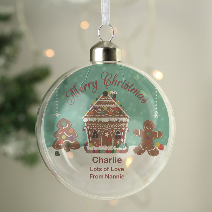 Buy Personalised Gingerbread House Christmas Glass Bauble available now at www.giftsfinder.co.uk