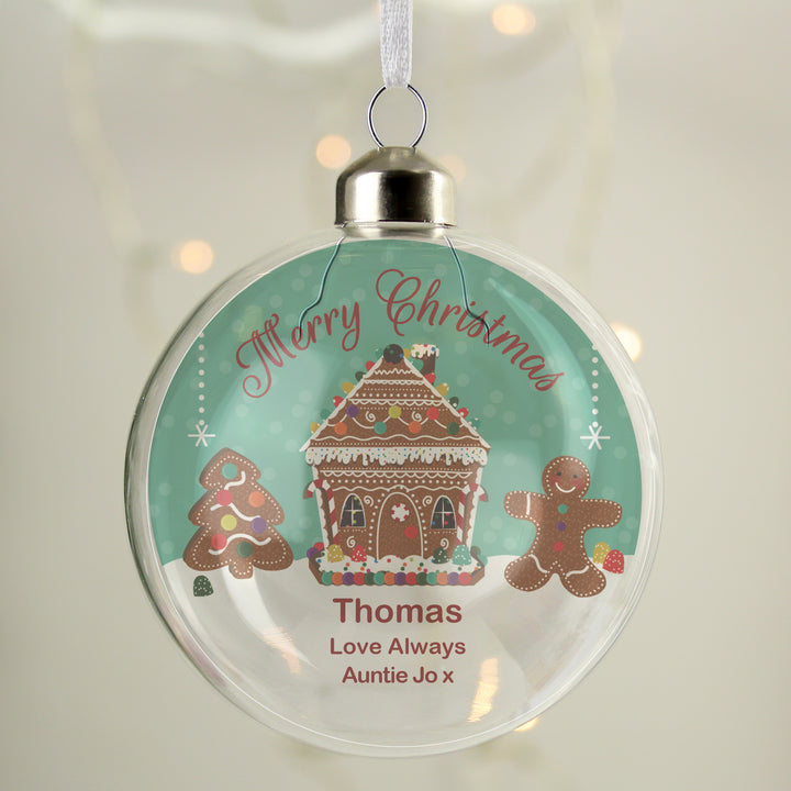 Buy Personalised Gingerbread House Christmas Glass Bauble available now at www.giftsfinder.co.uk