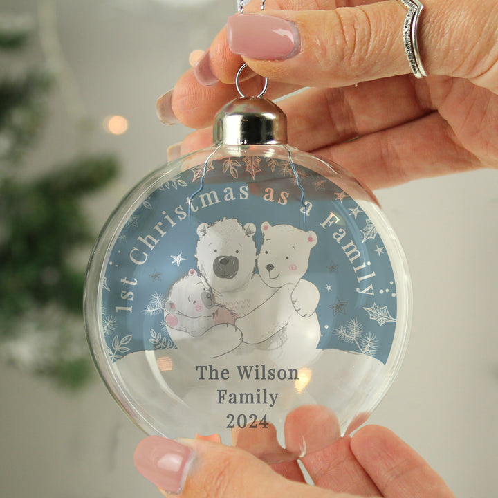 Buy Personalised First Christmas as a Family Glass Bauble available now at www.giftsfinder.co.uk