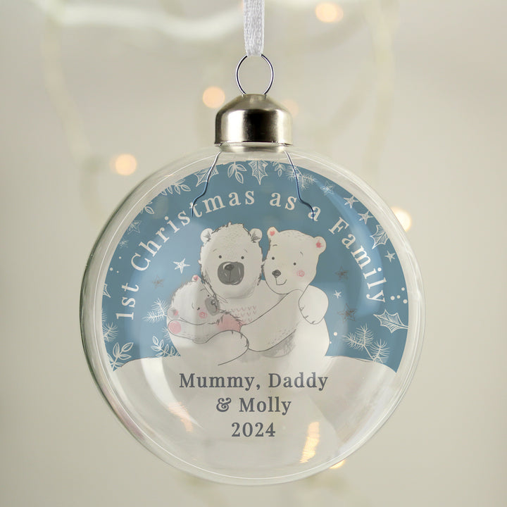 Buy Personalised First Christmas as a Family Glass Bauble available now at www.giftsfinder.co.uk