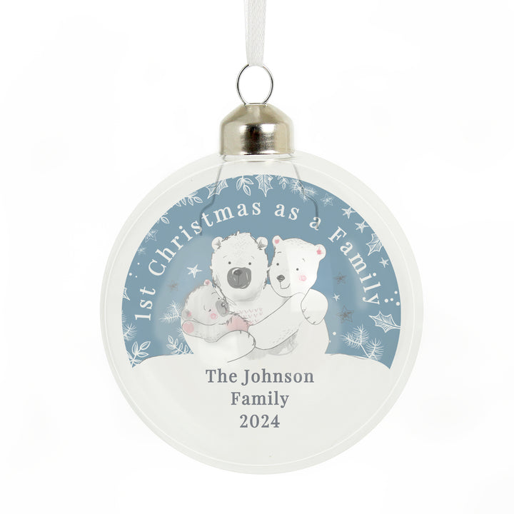 Buy Personalised First Christmas as a Family Glass Bauble available now at www.giftsfinder.co.uk