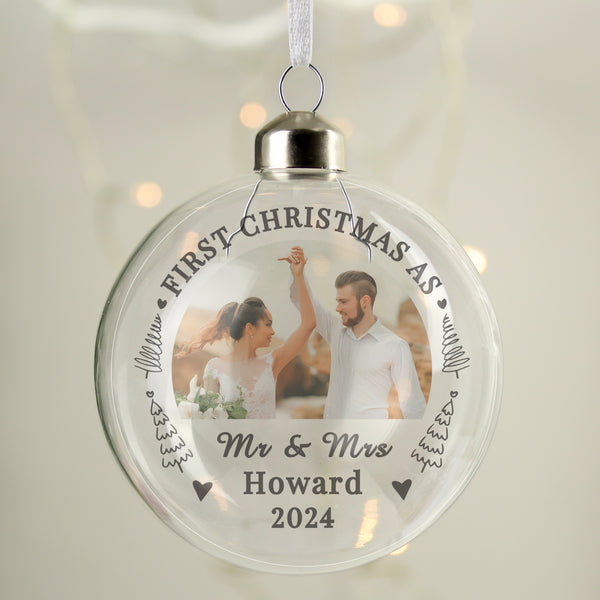 Buy Personalised First Married Christmas Photo Upload Glass Bauble available now at www.giftsfinder.co.uk