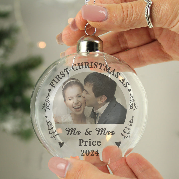 Buy Personalised First Married Christmas Photo Upload Glass Bauble available now at www.giftsfinder.co.uk