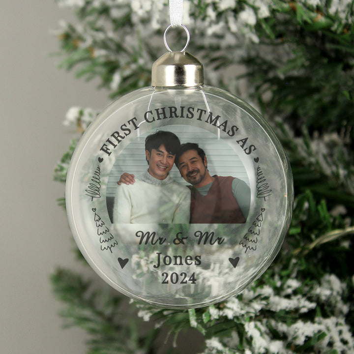 Buy Personalised First Married Christmas Photo Upload Glass Bauble available now at www.giftsfinder.co.uk