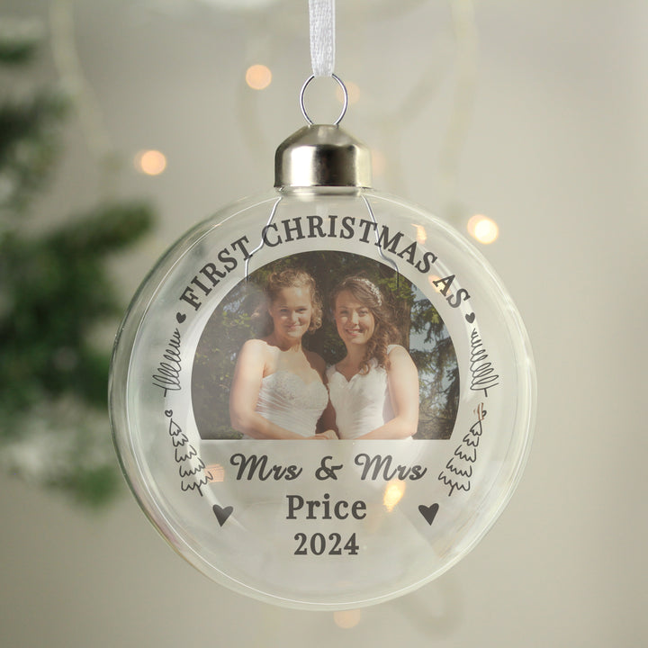 Buy Personalised First Married Christmas Photo Upload Glass Bauble available now at www.giftsfinder.co.uk