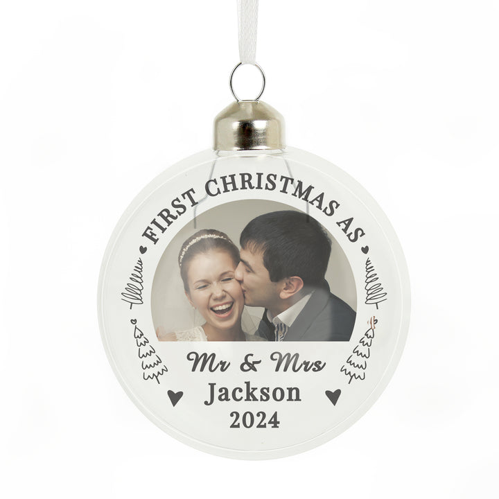 Buy Personalised First Married Christmas Photo Upload Glass Bauble available now at www.giftsfinder.co.uk