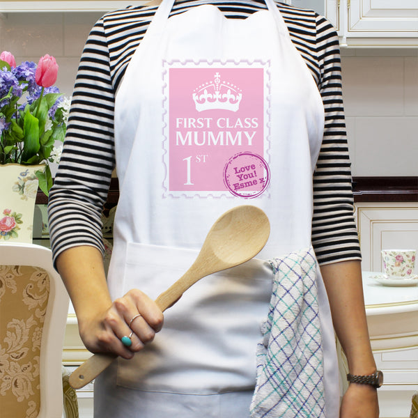 Buy Personalised Pink 1st Class Apron at www.giftsfinder.co.uk