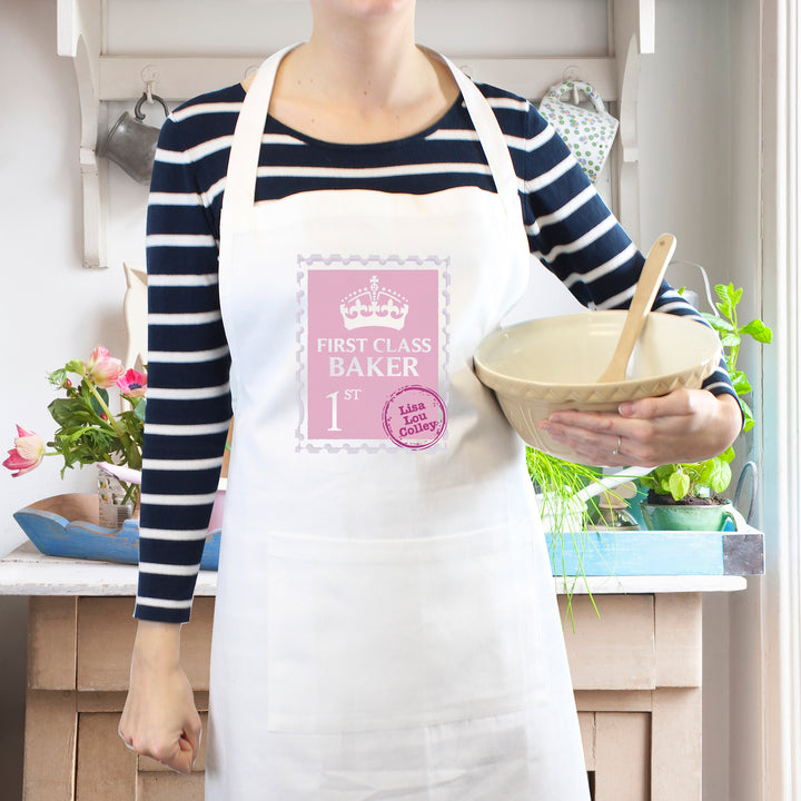 Personalised Pink 1st Class Apron - part of the Gifts Finder Personalised Aprons collection