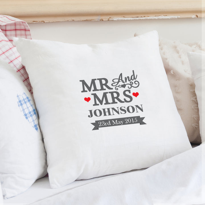 Buy Personalised Mr & Mrs Cushion Cover available now at www.giftsfinder.co.uk