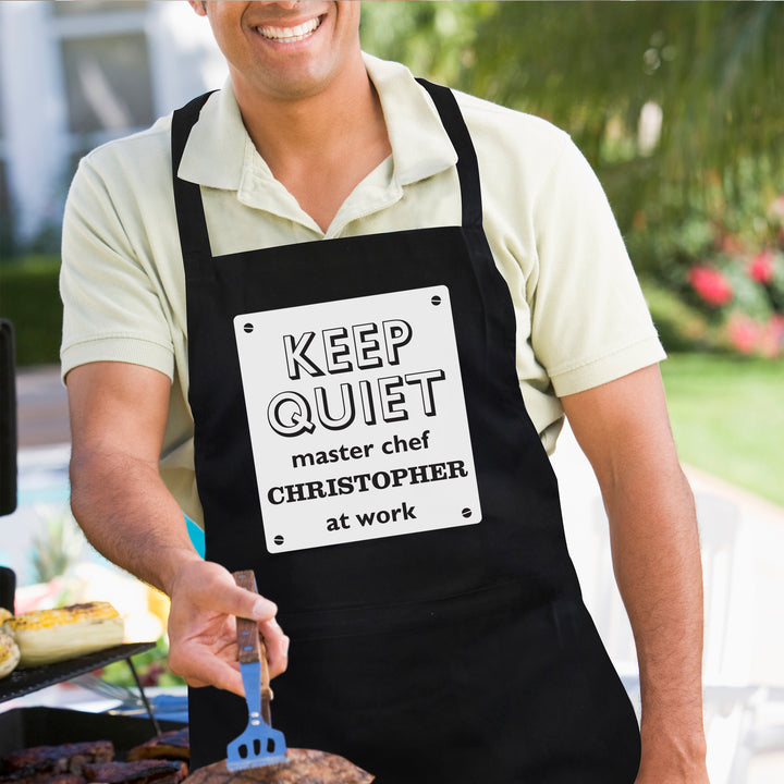 Buy Personalised Keep Quiet Black Apron available now at www.giftsfinder.co.uk