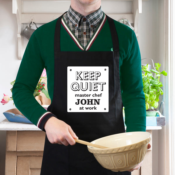 Buy Personalised Keep Quiet Black Apron available now at www.giftsfinder.co.uk