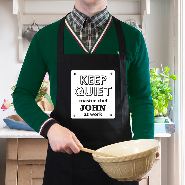 Buy Personalised Keep Quiet Black Apron available now at www.giftsfinder.co.uk