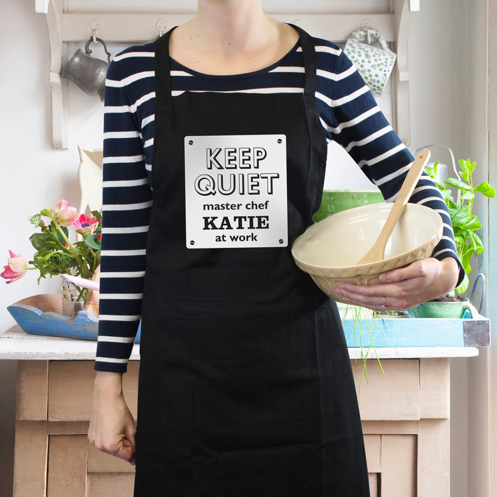 Buy Personalised Keep Quiet Black Apron available now at www.giftsfinder.co.uk