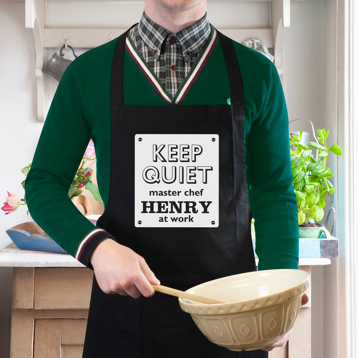 Buy Personalised Keep Quiet Black Apron available now at www.giftsfinder.co.uk