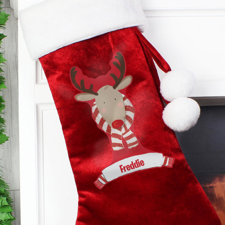 Personalised Retro Reindeer Luxury Red Stocking in gift category Personalised Children's Christmas Stockings