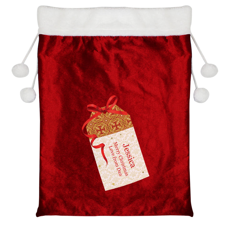 Buy Personalised Gift Tag Luxury Pom Pom Red Children's Christmas Sack at www.giftsfinder.co.uk