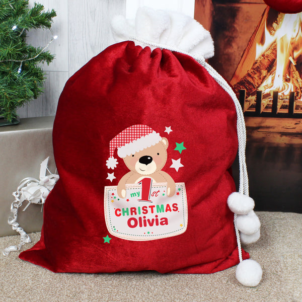 Buy Personalised Pocket Teddy My 1st Christmas Luxury Pom Pom Red Sack at www.giftsfinder.co.uk