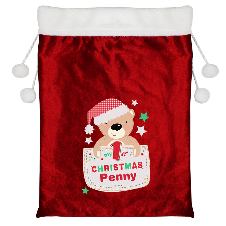 Buy Personalised Pocket Teddy My 1st Christmas Luxury Pom Pom Red Sack at www.giftsfinder.co.uk