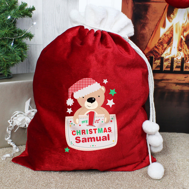 Buy Personalised Pocket Teddy My 1st Christmas Luxury Pom Pom Red Sack at www.giftsfinder.co.uk