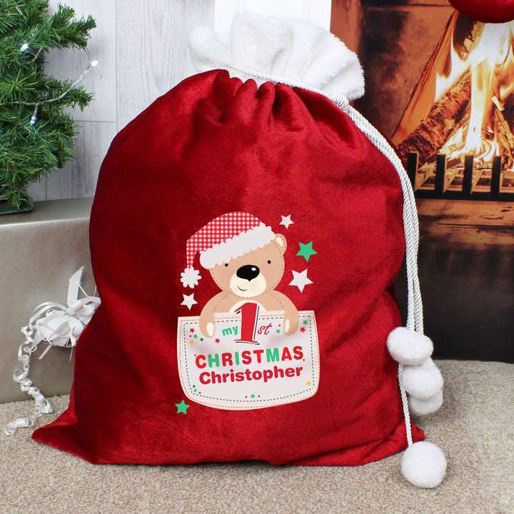 Buy Personalised Pocket Teddy My 1st Christmas Luxury Pom Pom Red Sack at www.giftsfinder.co.uk