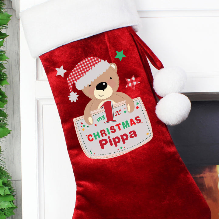 Personalised Pocket Teddy My 1st Christmas Luxury Red Stocking - part of the Gifts Finder Personalised Christmas Gifts collection