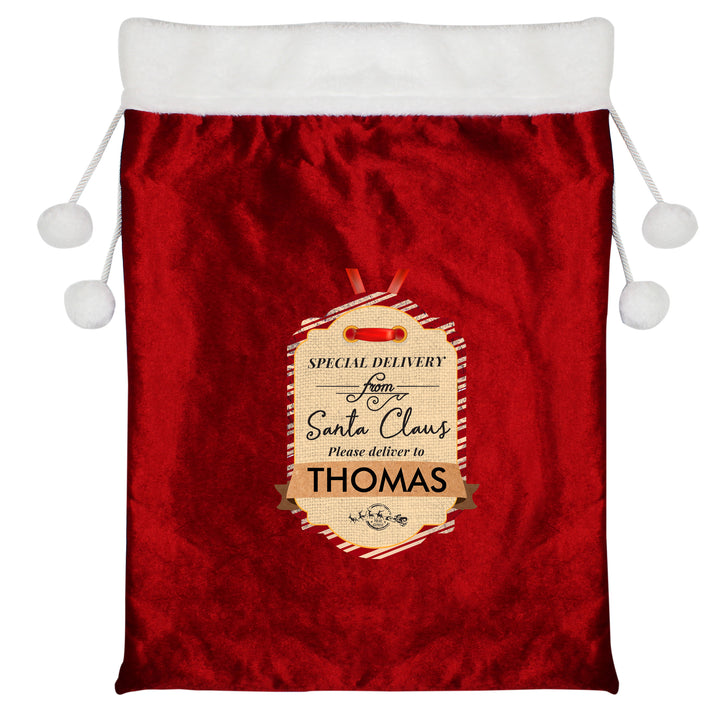 Buy Personalised Special Delivery Luxury Pom Pom Red Children's Christmas Sack at www.giftsfinder.co.uk